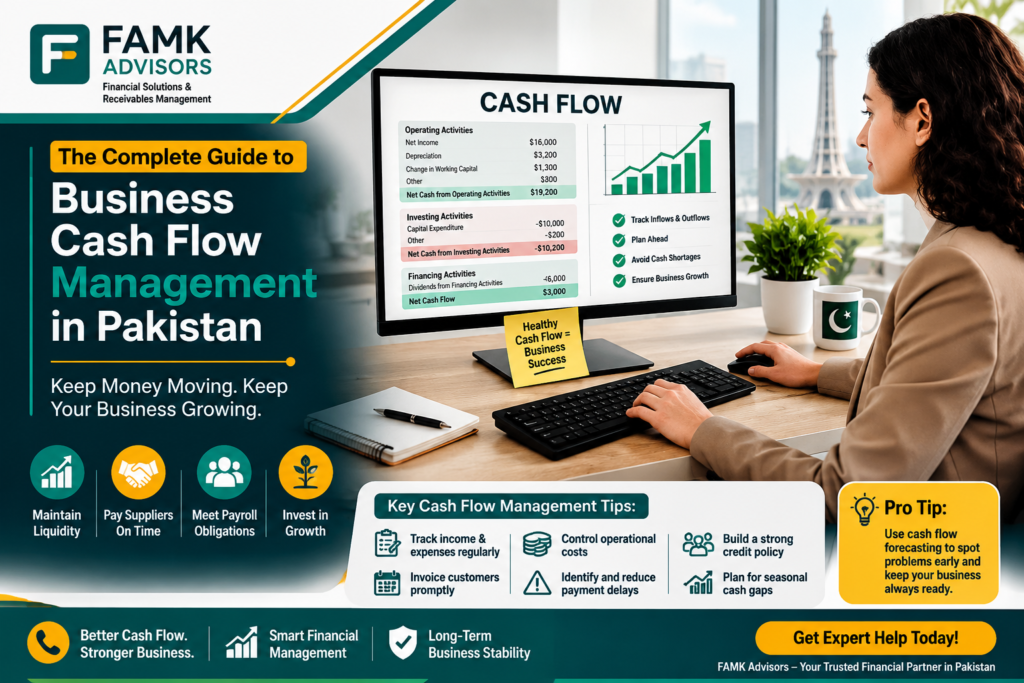 Business owner analyzing cash flow reports and financial data to improve business cash flow management in Pakistan.