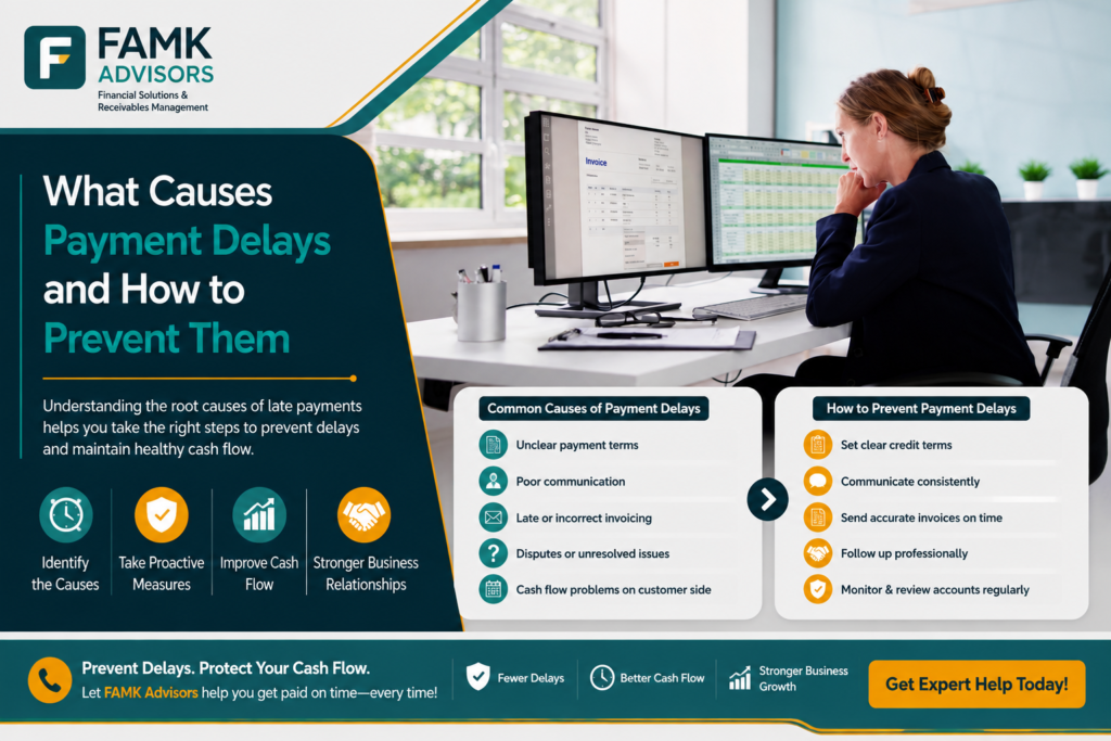 Business professional reviewing delayed customer payments and outstanding invoices to improve accounts receivable management and cash flow.