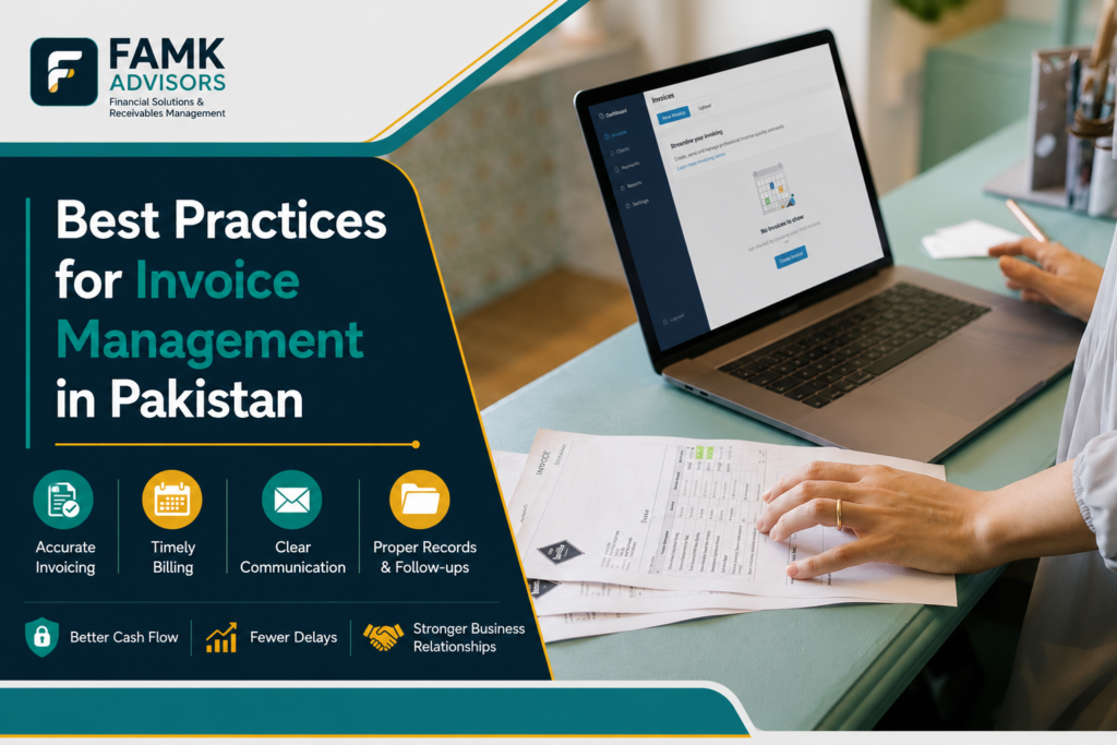 Business professional managing customer invoices and accounts receivable to improve invoice management and cash flow for businesses in Pakistan.