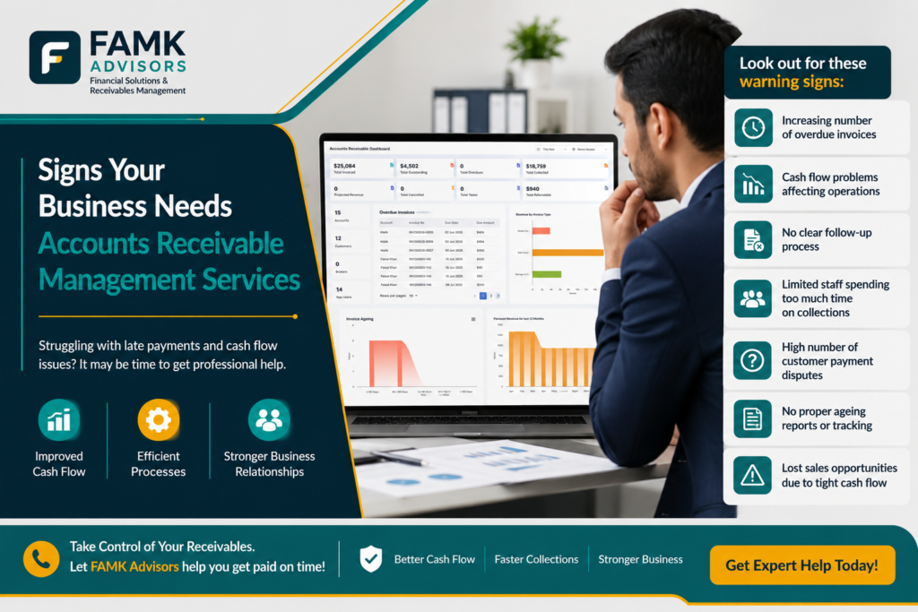 Business owner reviewing overdue invoices and accounts receivable reports to identify the need for professional receivables management services.