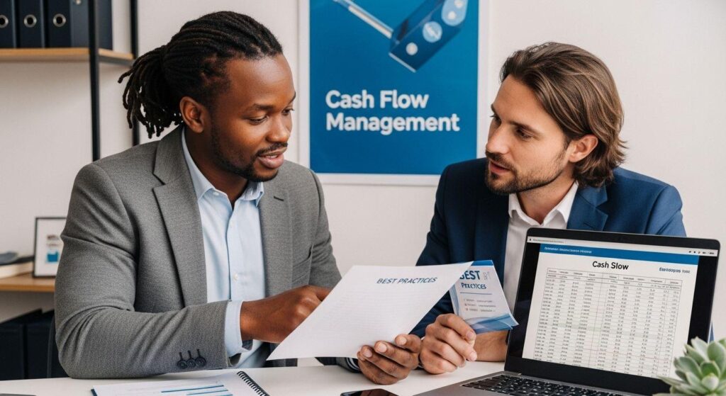 Business owner consulting with an accounts receivable expert to improve cash flow using ageing reports and effective collection strategies.