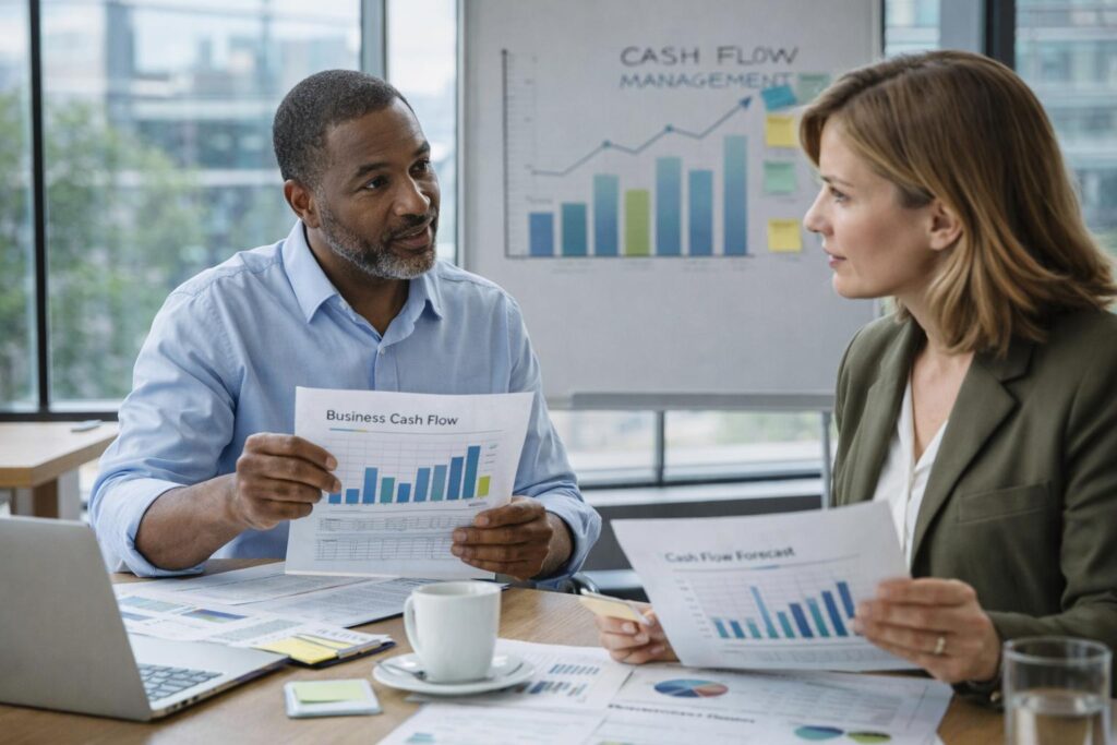 Business owner consulting a financial expert to improve cash flow management and financial performance in Pakistan.